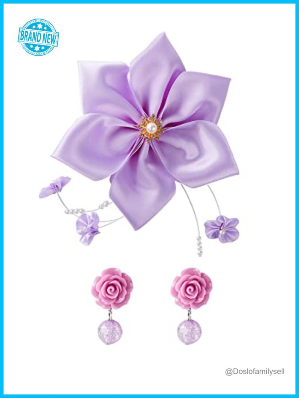 Flower Hair Clip & Clip-On Earrings Set Princess Costume Accessories